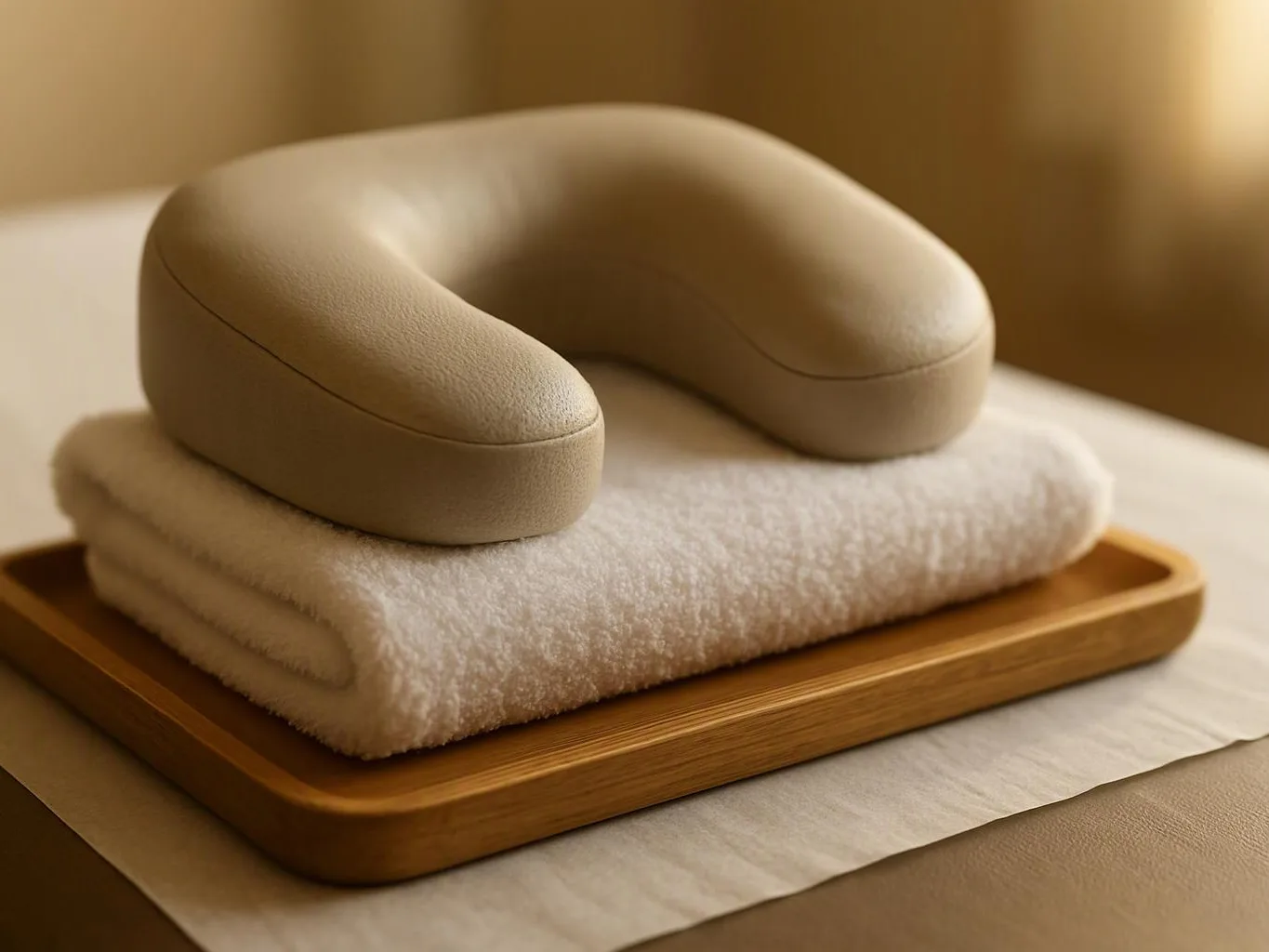 A beige neck pillow rests on a folded white towel, both sitting on a wooden tray