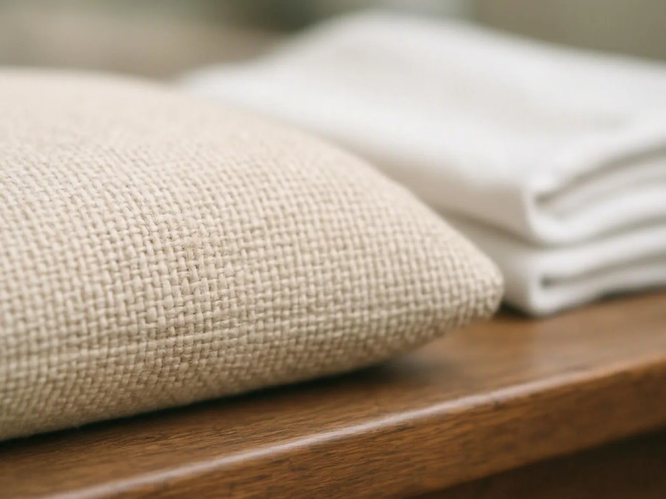 A beige woven cushion sits beside folded white towels on a wooden shelf