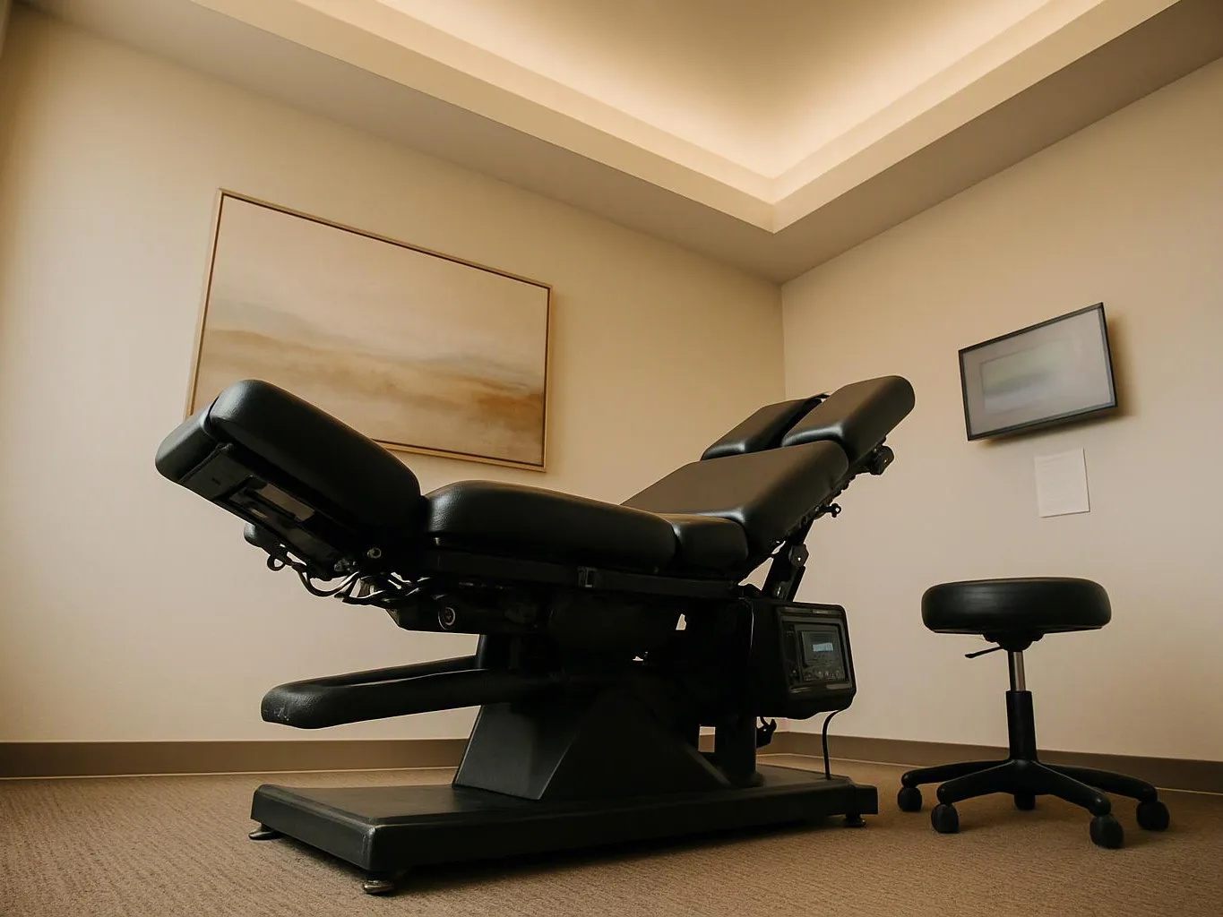 A black adjustable treatment chair sits in a quiet room beside a rolling stool and framed wall art