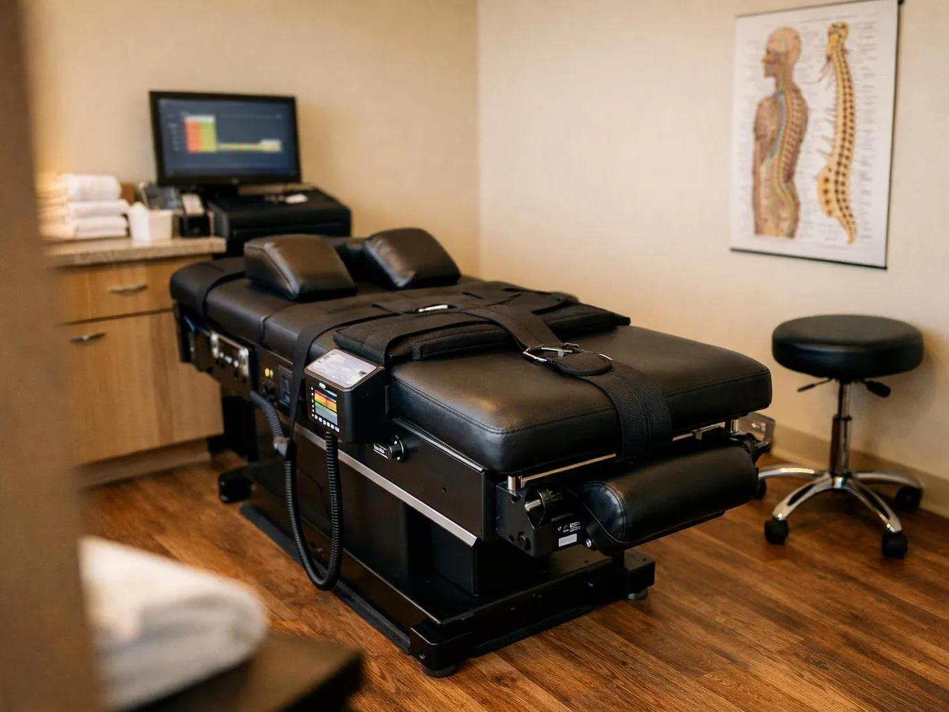 A black chiropractic treatment table sits in a small exam room beside a stool, cabinet, and spine poster
