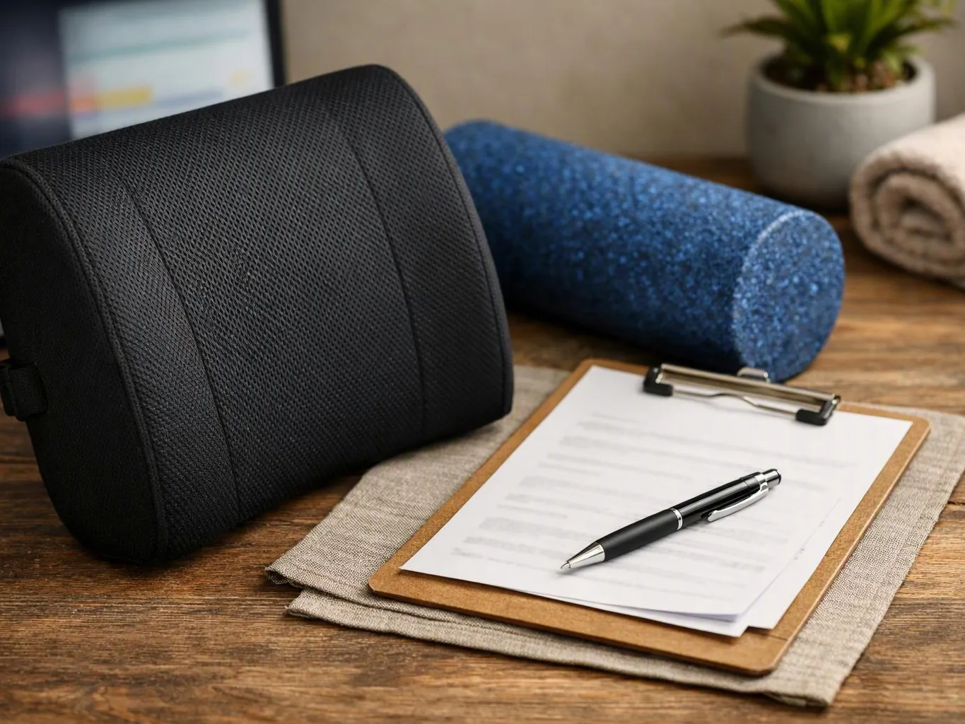 A black lumbar cushion, blue foam roller, clipboard with paper and pen sit on a wooden desk