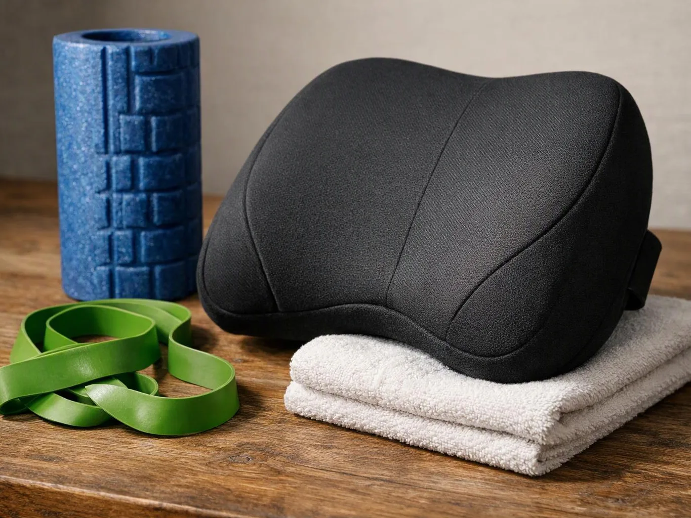 A black neck pillow sits on folded white towels beside a green resistance band and blue foam roller on a wooden table