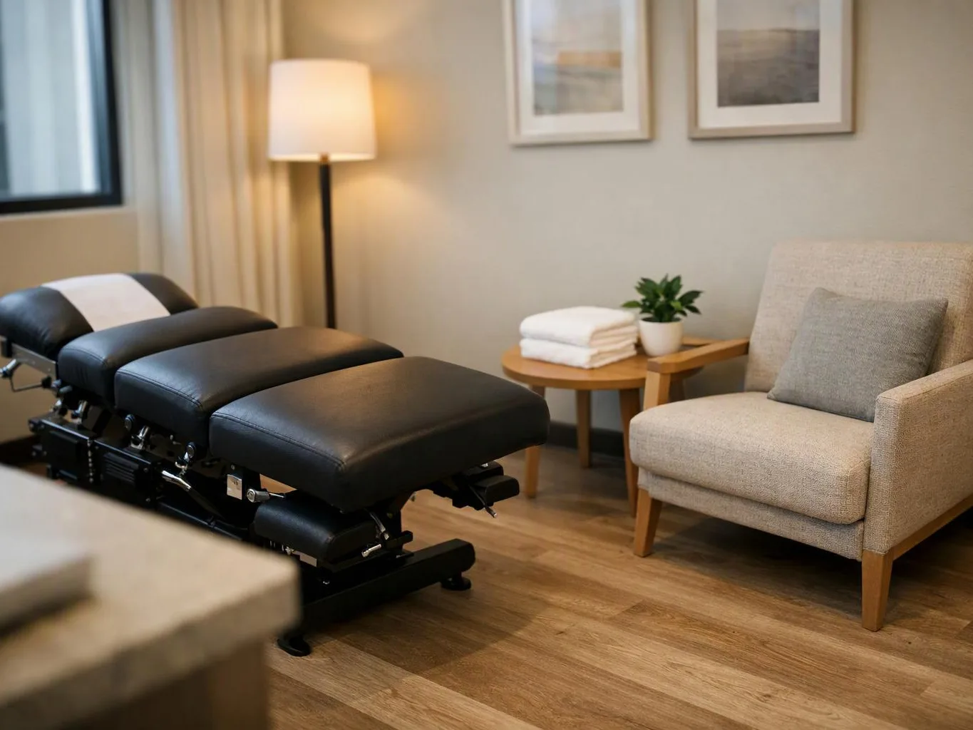 A black treatment table sits in a calm room beside an armchair, lamp, side table, and folded towels