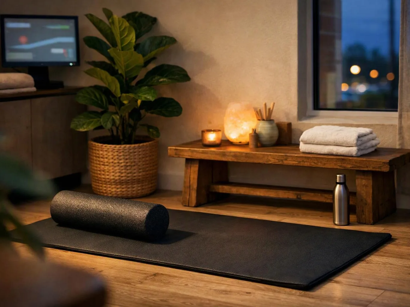 A black yoga mat with a foam roller sits on wooden floors beside candles, towels, a plant, and a window at dusk