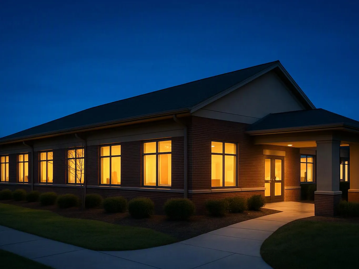 A brick building glows with warm lights at dusk beside a curved sidewalk and trimmed shrubs