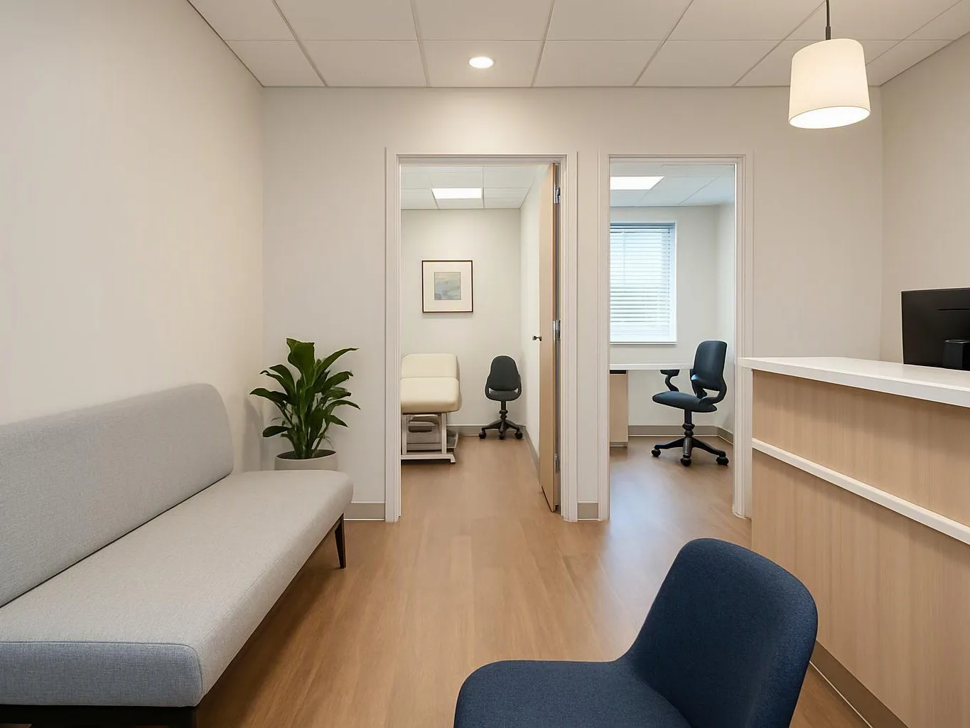 A bright waiting room with a sofa, chairs, plant, and two open exam rooms behind a reception counter