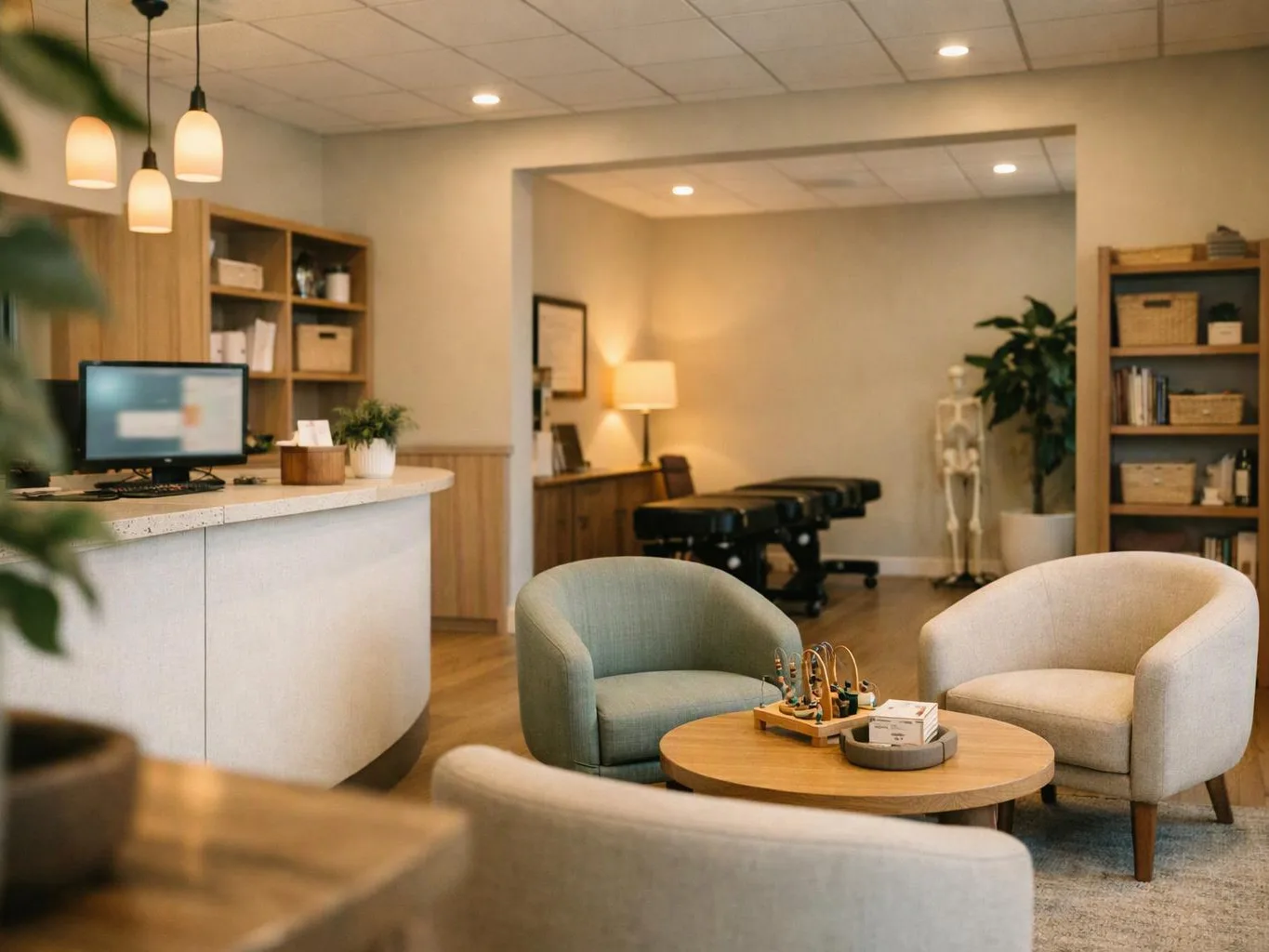 A calm reception area shows chairs, a round table, a desk, and a treatment room in the background