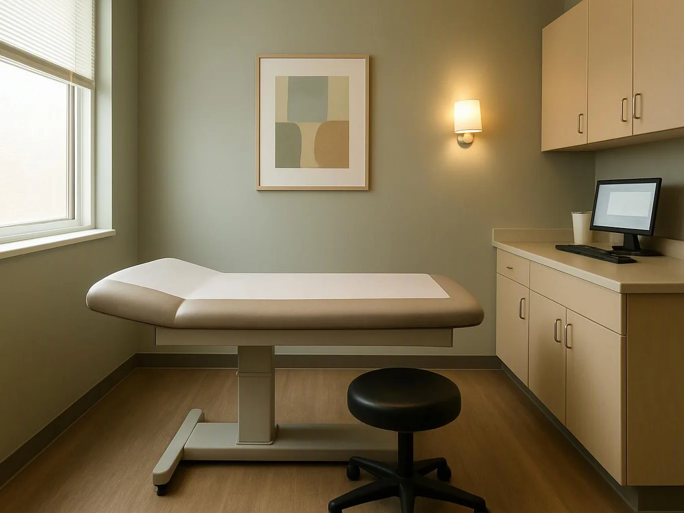 A clean exam room shows a padded table, black stool, cabinets, computer, wall art, and a window
