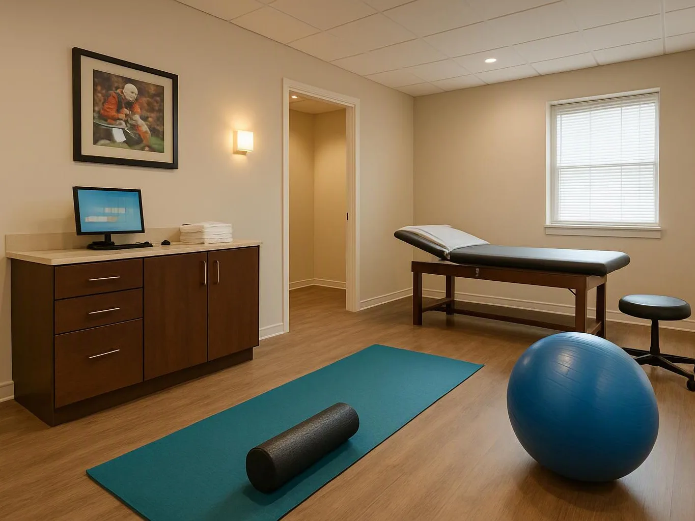 A clean therapy room shows an exam table, exercise ball, mat, foam roller, cabinet, and window