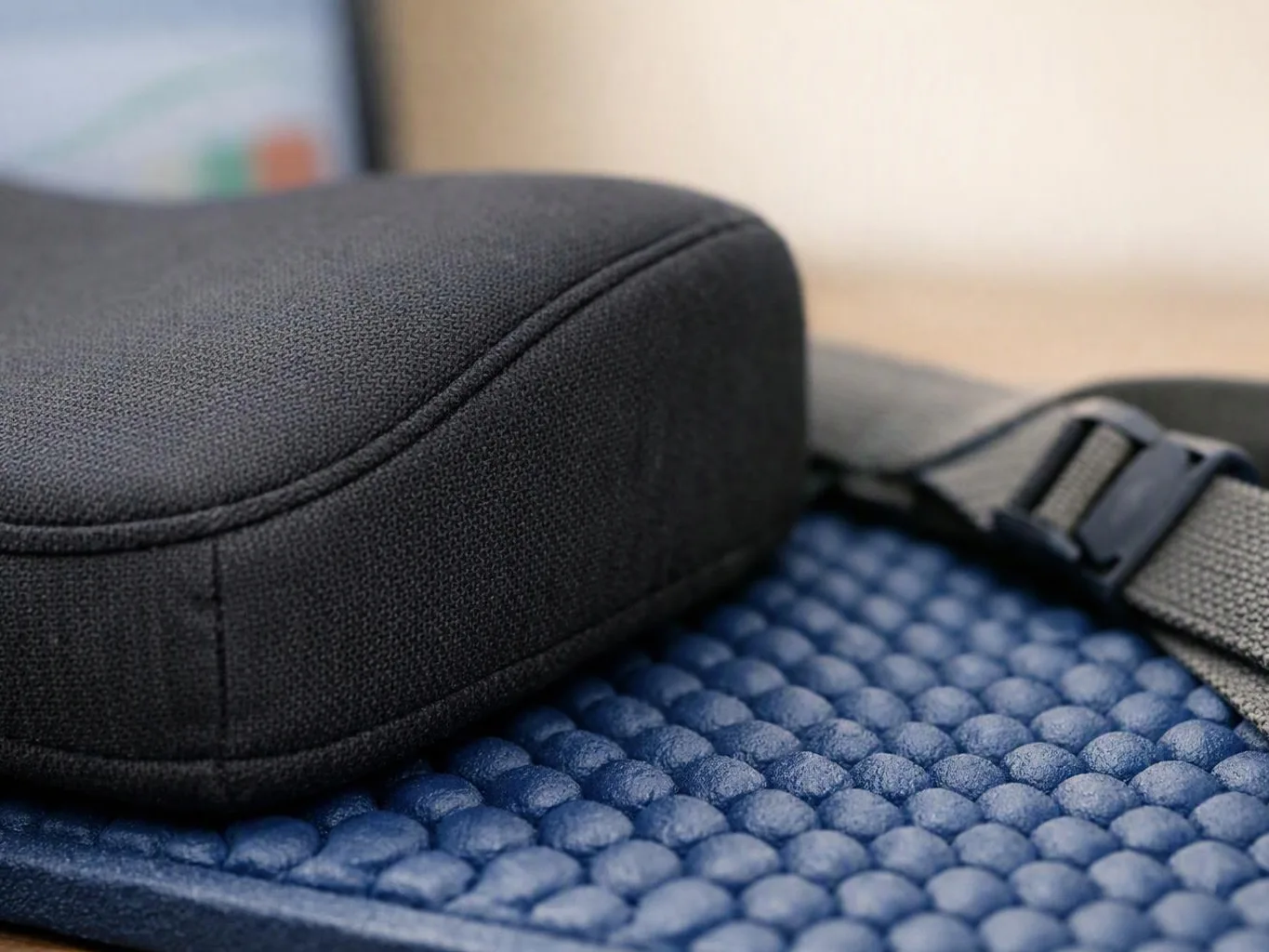 A close-up shows a black cushioned pad on a blue textured mat with a strap buckle beside it