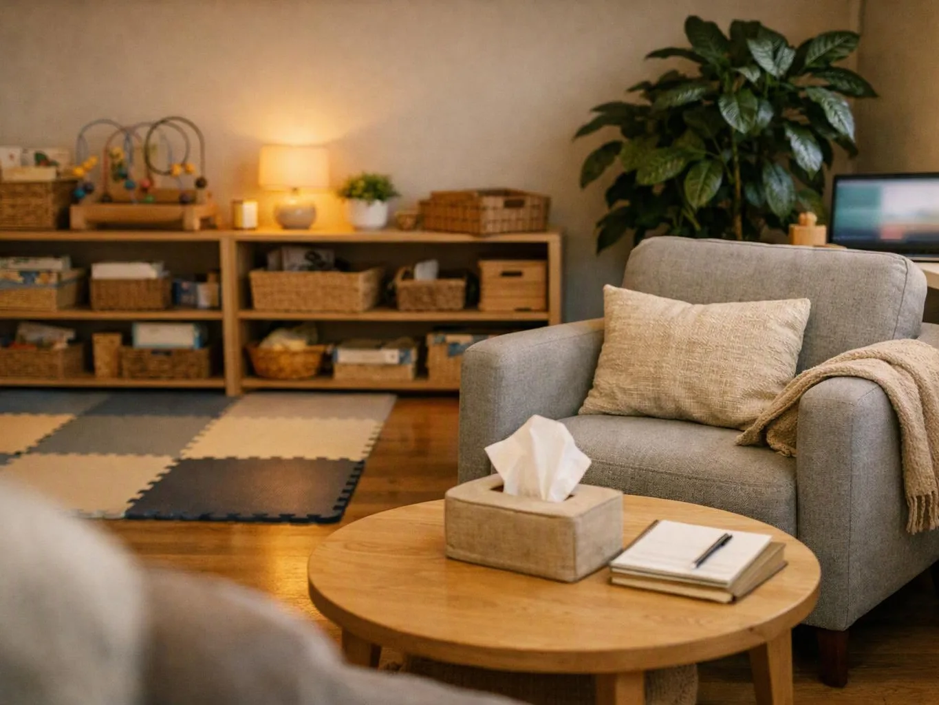 A cozy living room shows a gray armchair, round coffee table, shelves of baskets, and a lamp glowing softly