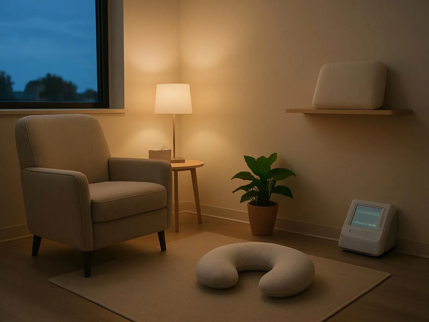A cozy room shows an armchair, lamp, plant, wall shelf, and floor cushion on a rug at dusk
