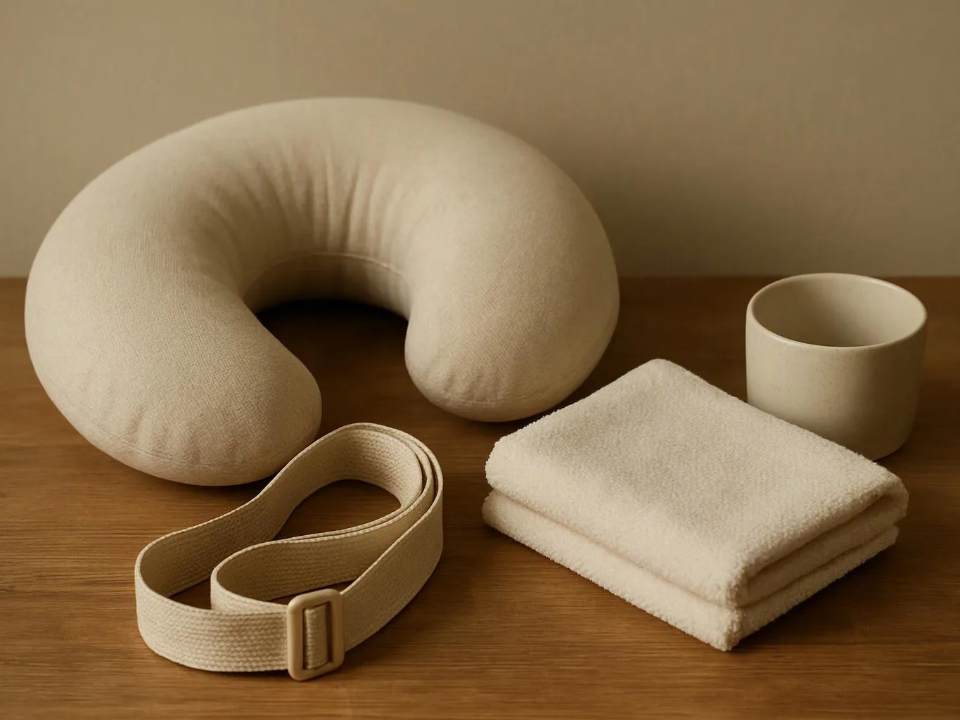 A cream neck pillow, folded towel, strap, and cup sit on a wooden table against a plain wall