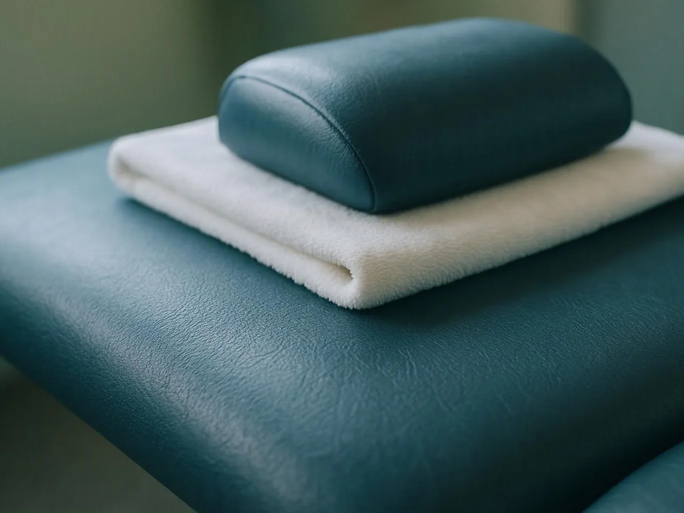 A dark teal padded cushion sits on a folded white towel, close-up on an exam table