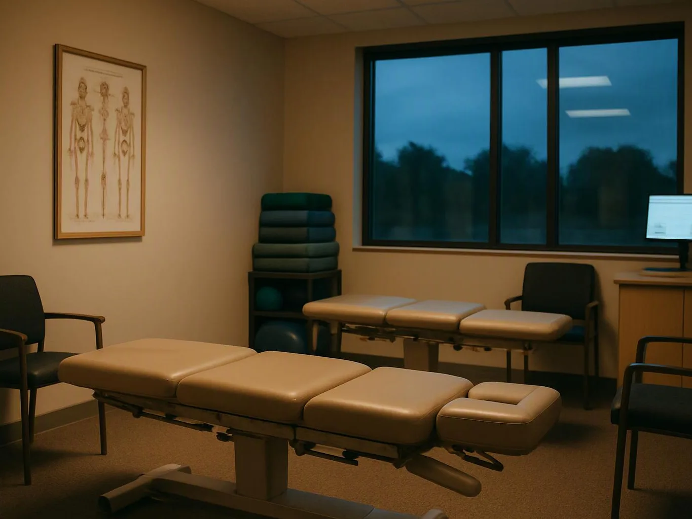 A dim exam room shows two padded treatment tables, chairs, a skeleton anatomy poster, and a window at dusk