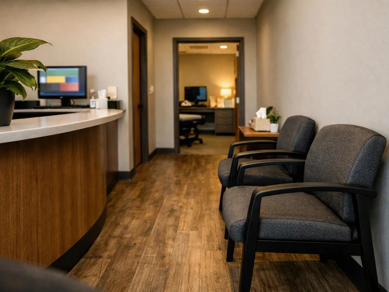 Empty office waiting area with two gray chairs, a reception counter, and a desk visible through the doorway