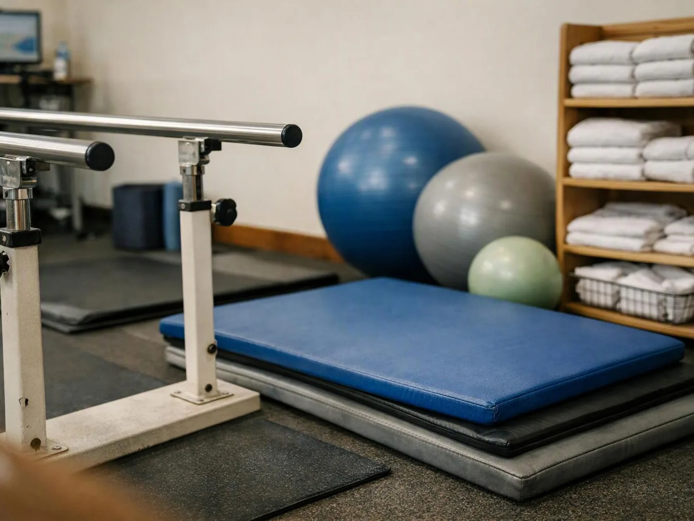 Exercise bars, stacked mats, and large therapy balls sit in a quiet workout room