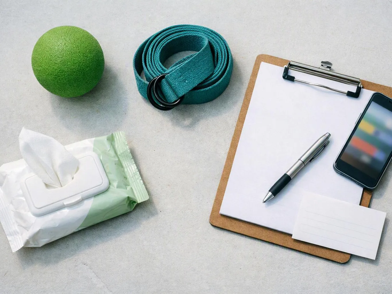Fitness items and office supplies sit on a light gray tabletop, with a phone and clipboard on the right