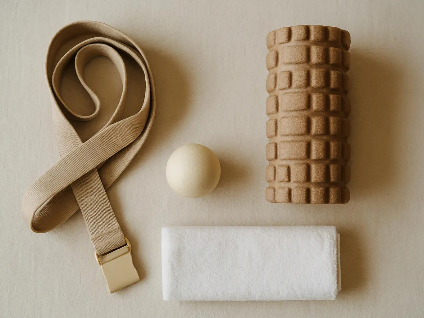 Flat lay of a beige strap, cream ball, textured brown cylinder, and folded white towel on a light surface