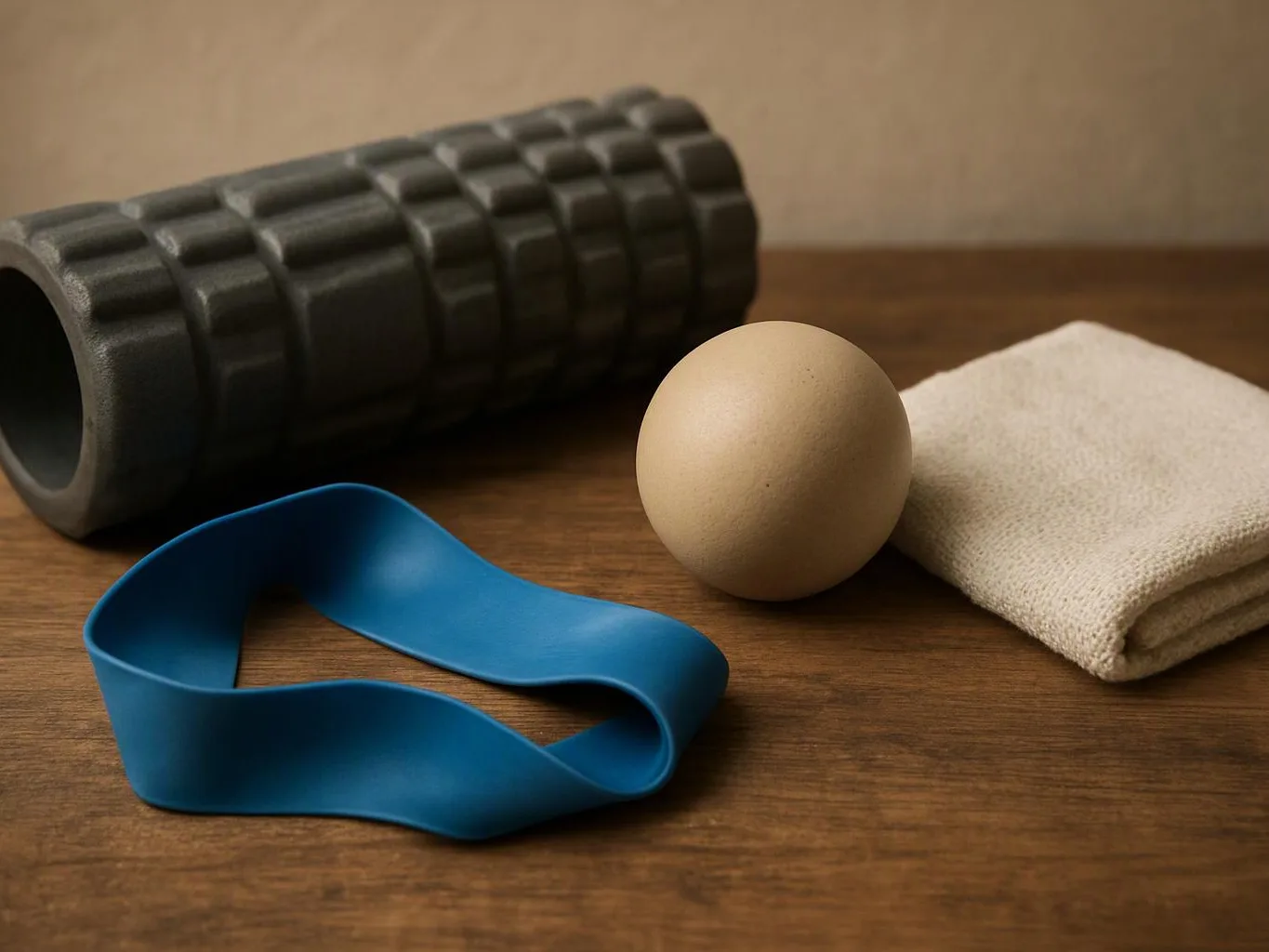 A foam roller, blue resistance band, beige massage ball, and folded towel rest on a wooden surface