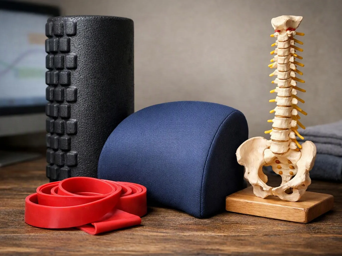 Foam rollers, resistance bands, and a spine model sit on a wooden table against a plain background