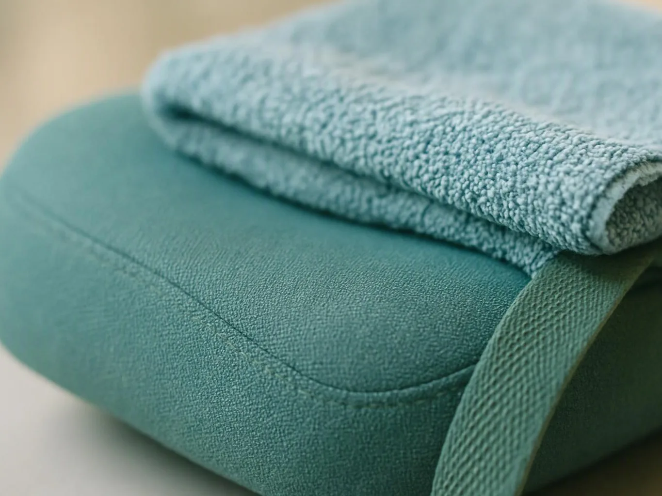 A folded blue towel rests on a teal fabric cushion with a strap in the foreground