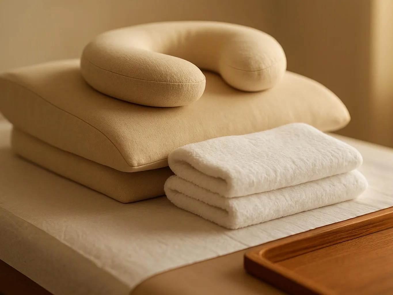 A folded towel stack, a beige neck pillow, and a wooden tray sit on a neatly made bed