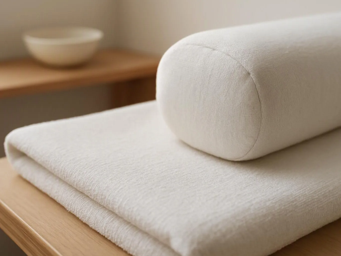A folded white towel and a matching bolster rest on a wooden table, with a bowl in the background