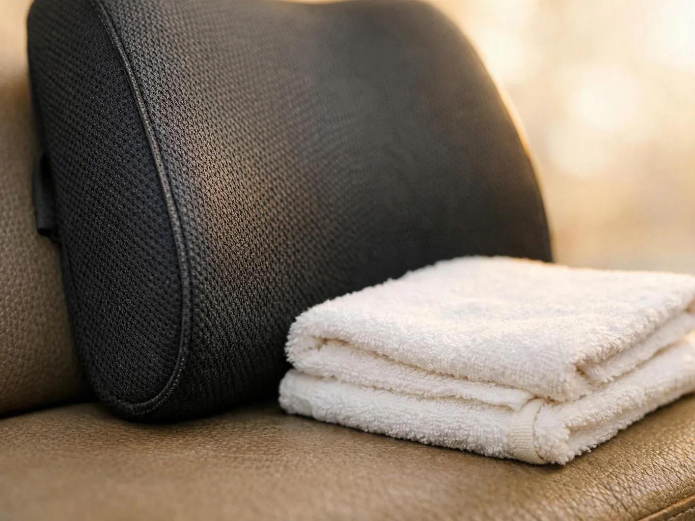 A folded white towel rests on a tan sofa beside a black textured cushion