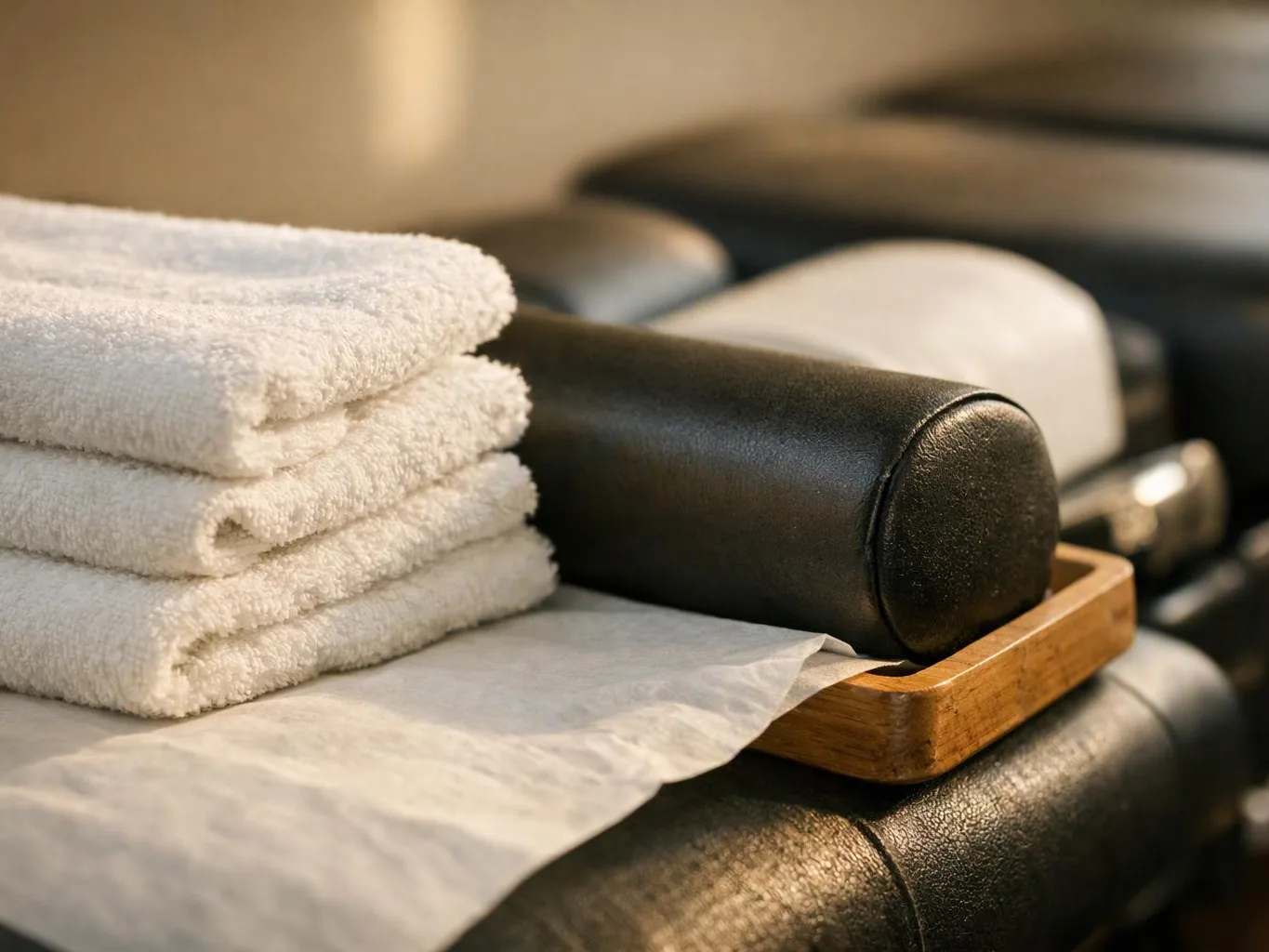 Folded white towels rest on a black leather massage table in a calm spa setting