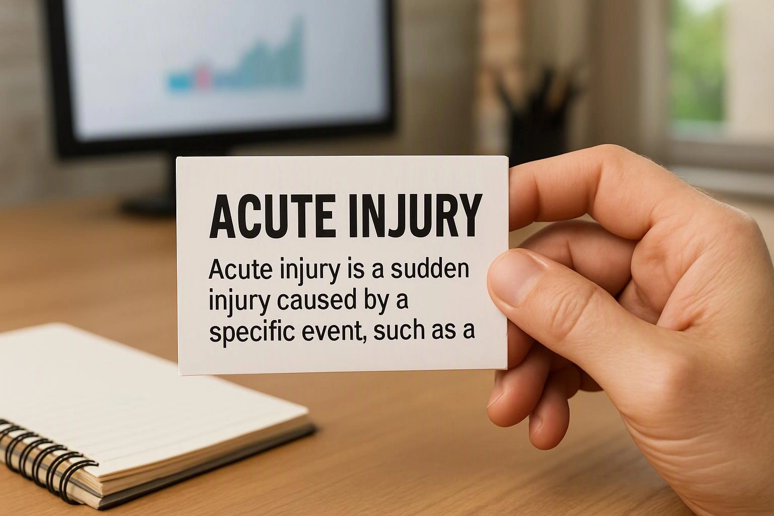 A hand holds a card reading "ACUTE INJURY" above a desk with a notebook and blurred monitor