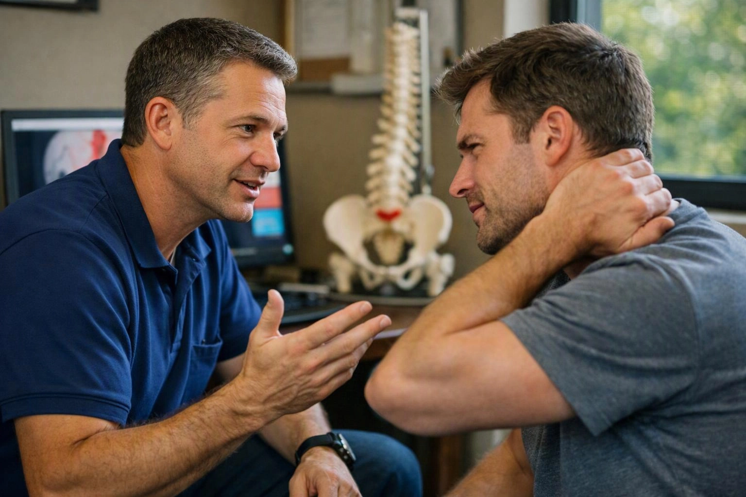Two men talk closely in a clinic, with one touching the other’s neck beside a spine model and computer monitor