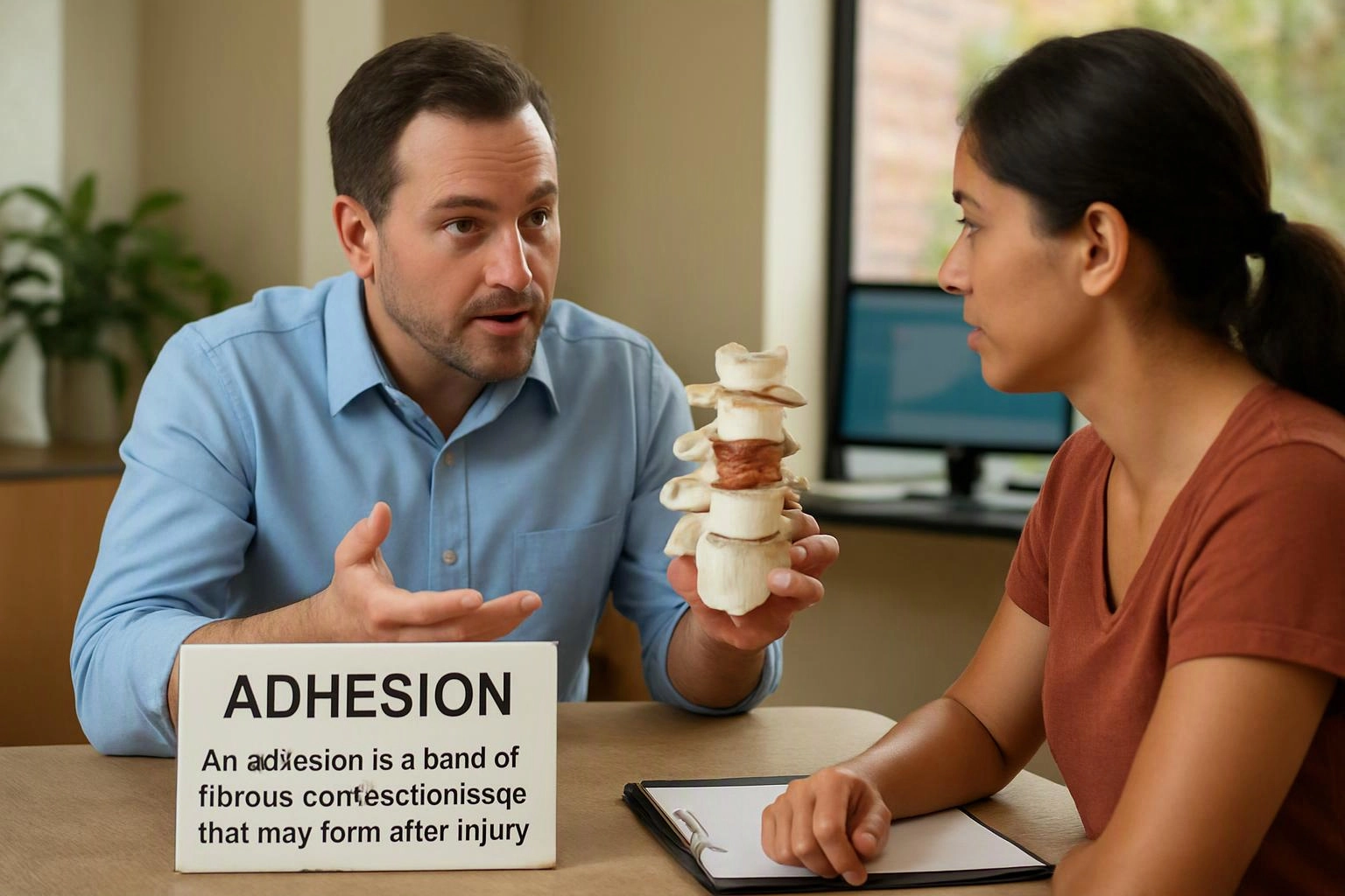 A man shows a spine model and talks to a woman across a desk in an office