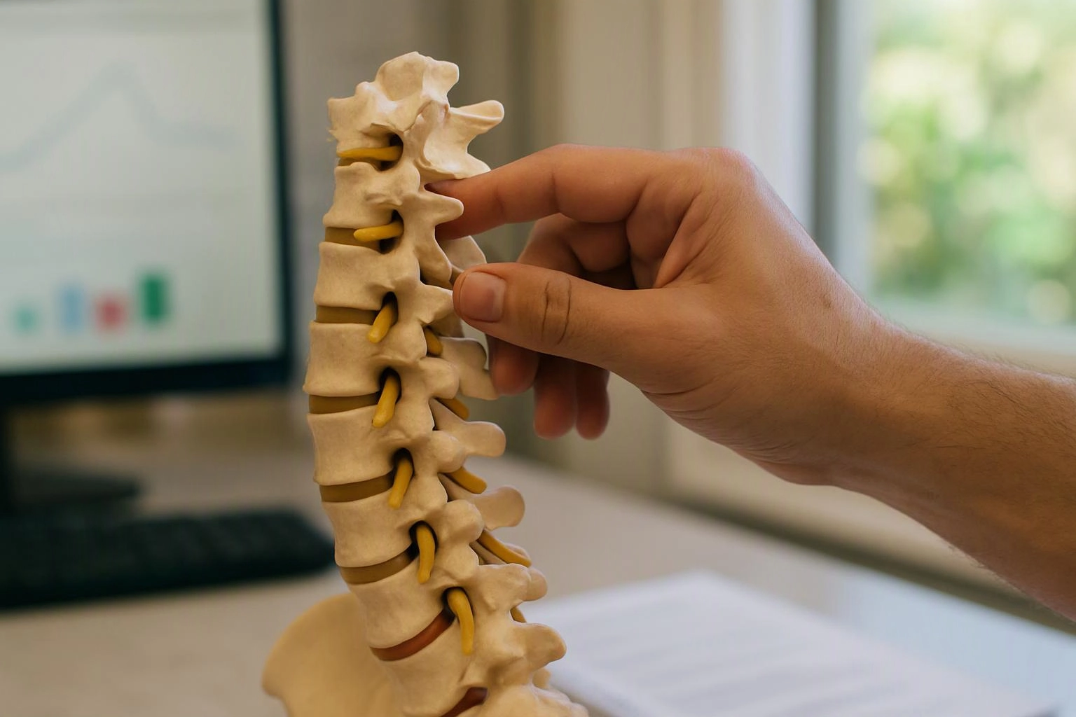 A hand points at a model human spine on a desk near a computer screen