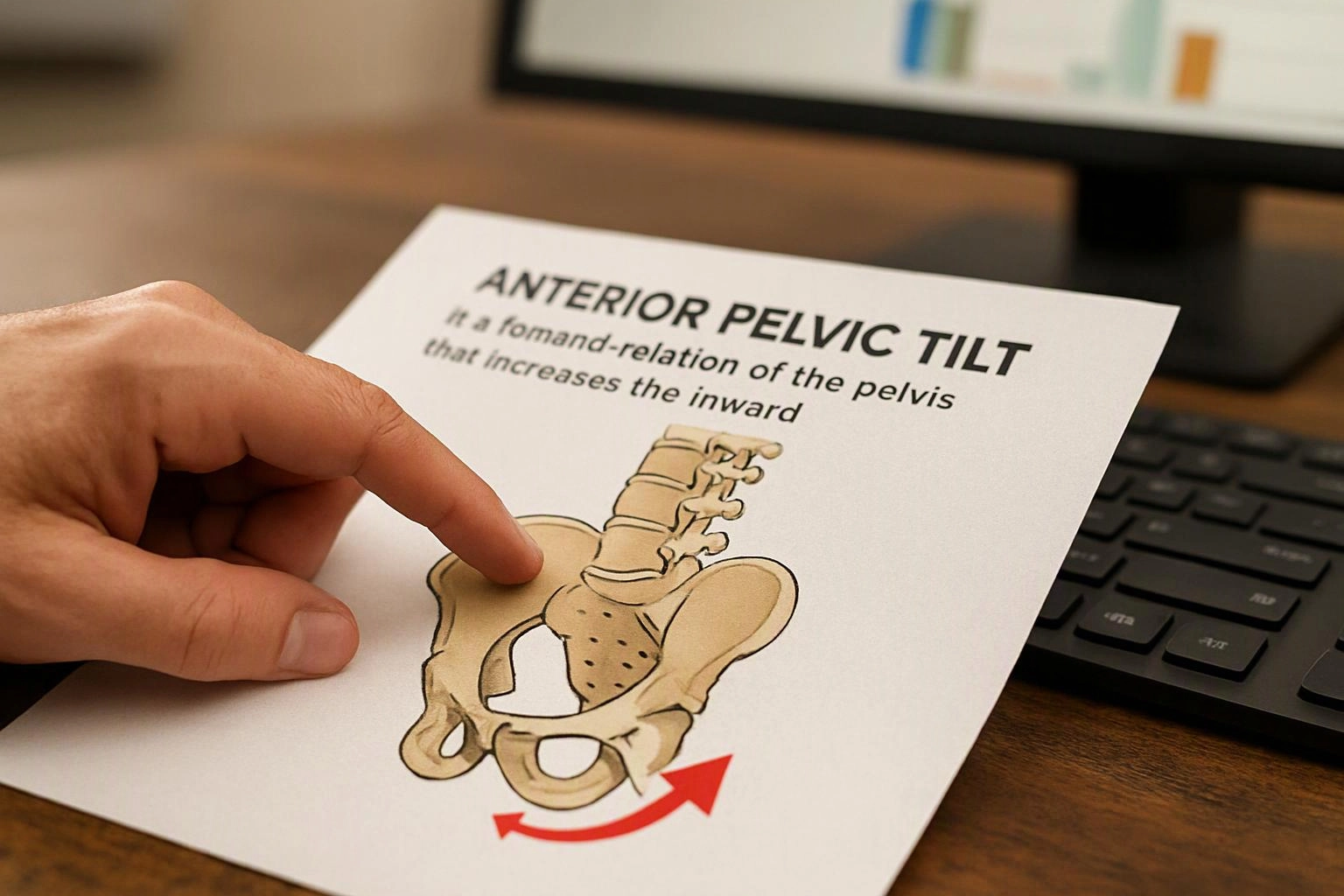 A hand points to a pelvic tilt diagram on a printed sheet beside a computer keyboard