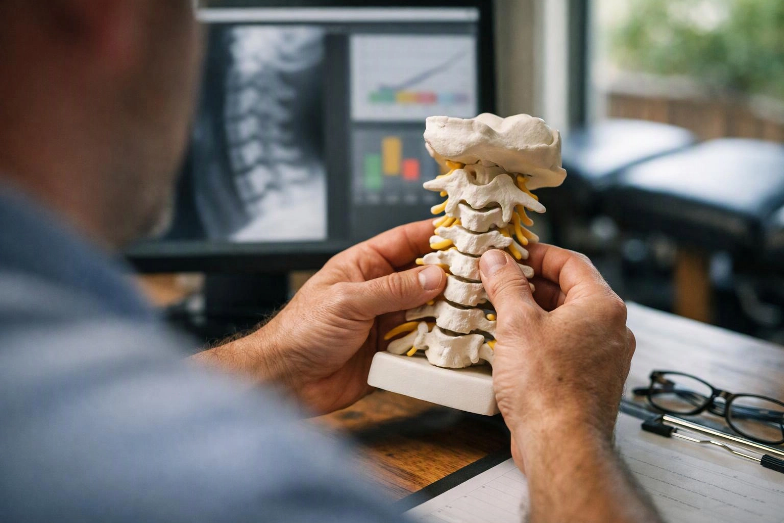 A person holds a spine model at a desk, with X-ray images on a monitor behind them