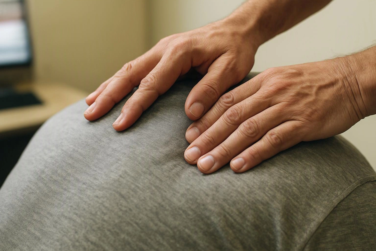 Hands press firmly on a person’s upper back over a gray shirt indoors