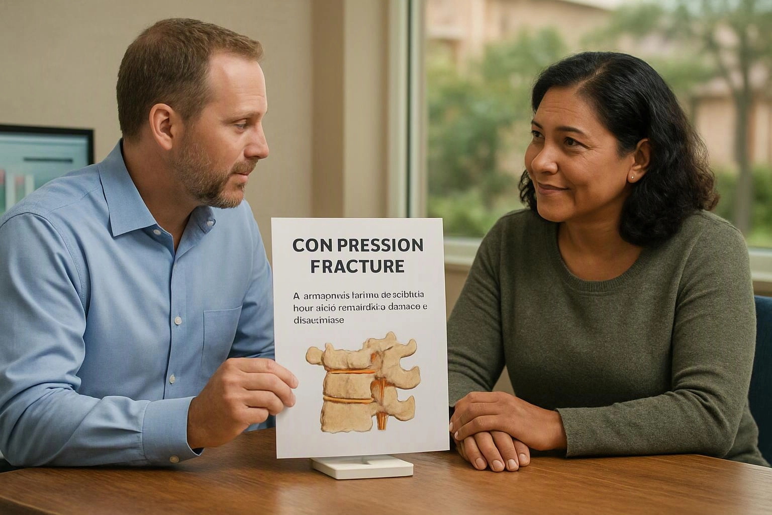 Two people sit at a table, looking at a poster about a compression fracture in a bright office