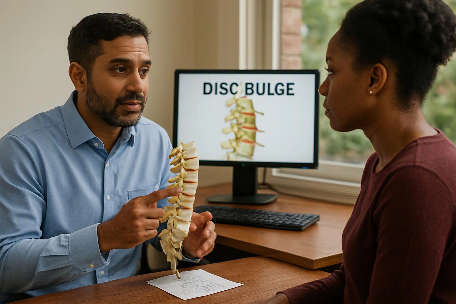 A man shows a spine model to a woman beside a desk, with a monitor displaying “DISC BULGE”