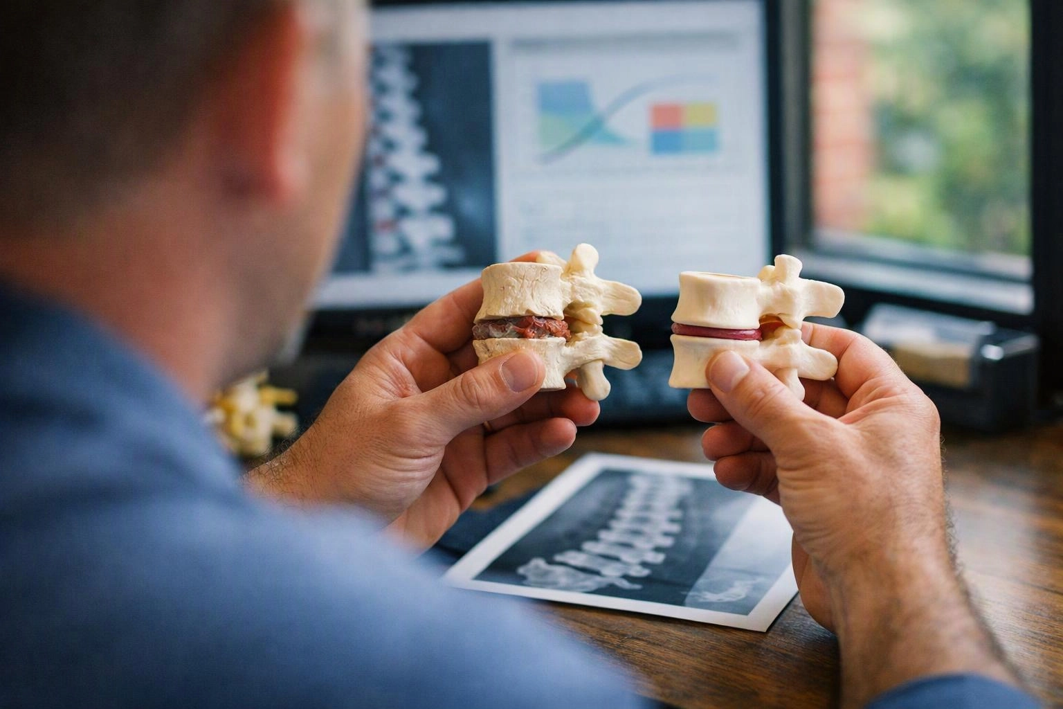 A man studies two spinal models at a desk with X-ray images on a computer and table