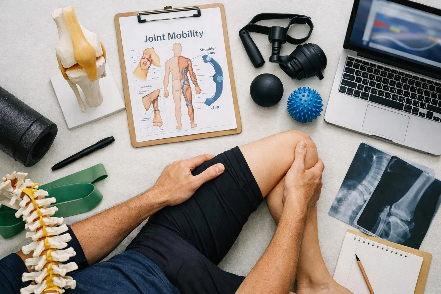 A person bends a knee beside joint mobility charts, therapy tools, spine models, and hip X-ray images on a desk