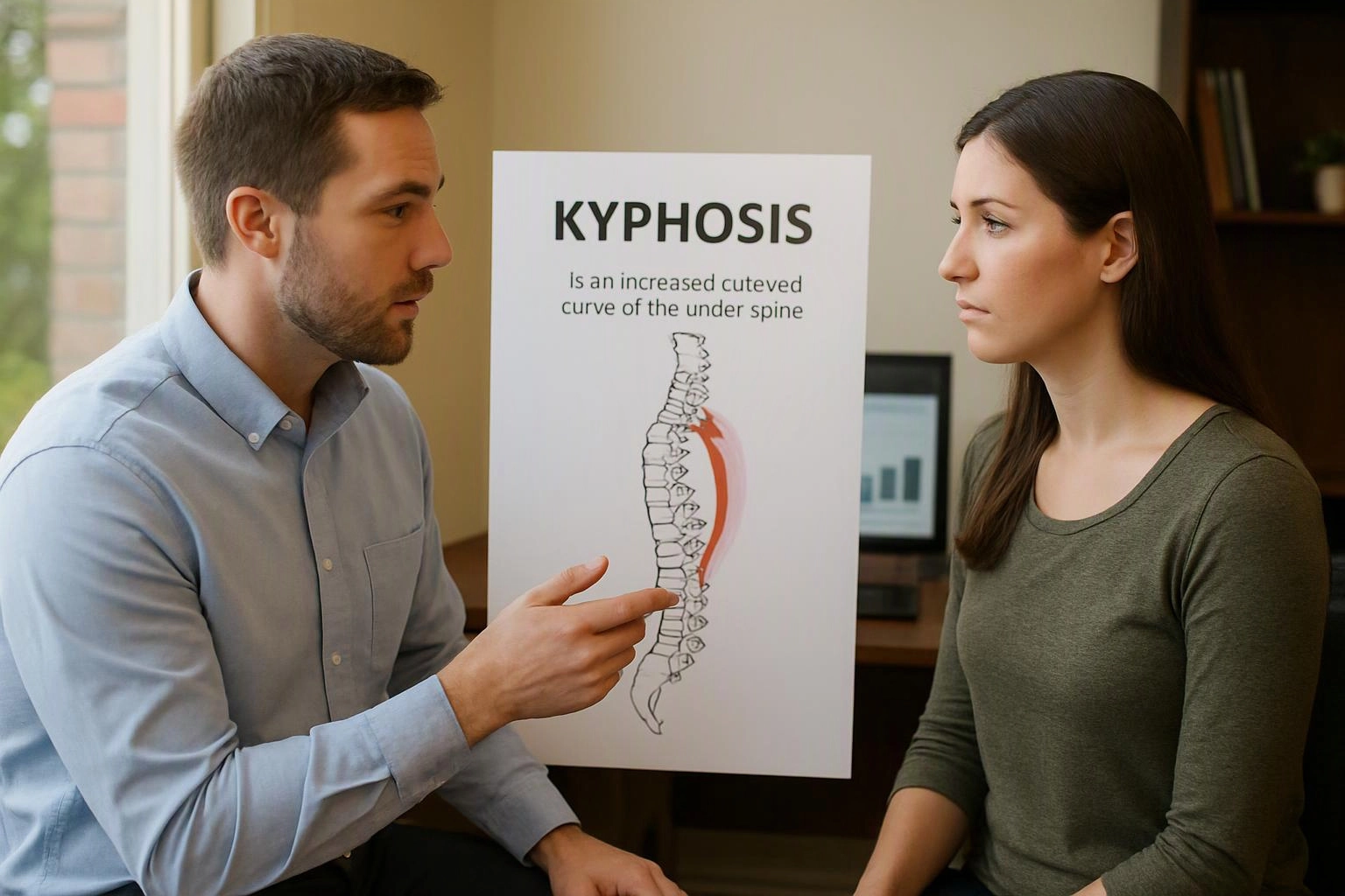 A man points at a spine poster labeled kyphosis while speaking to a seated woman in an office