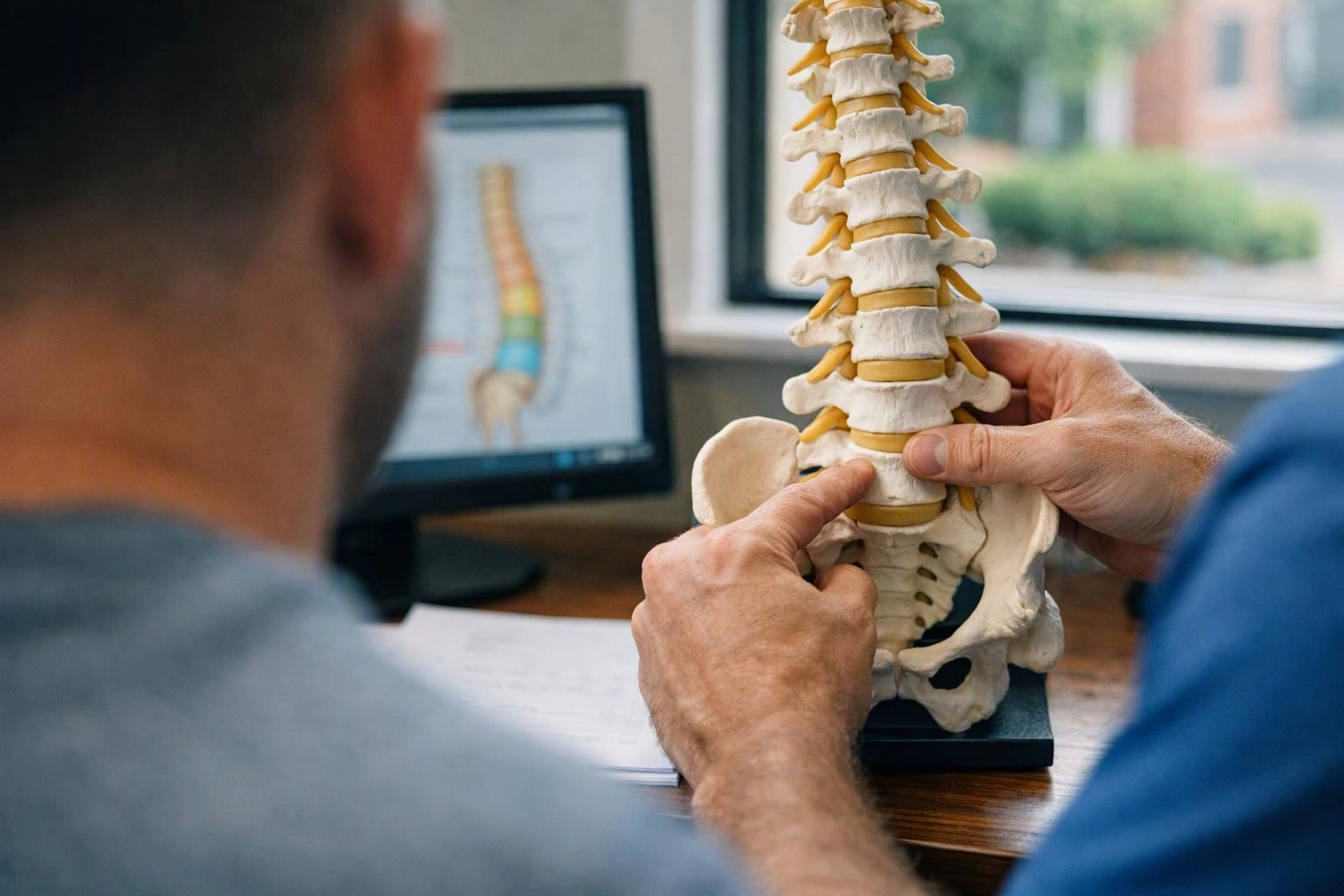 Two people examine a spine model on a desk beside a computer in a bright office