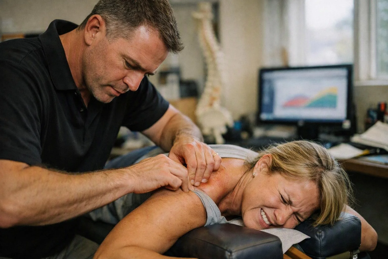 A man massages a woman’s shoulder while she lies face down on a treatment table in a clinic room