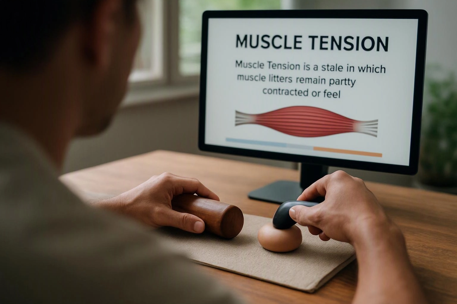 A person practices hand massage on a desk while a monitor shows a muscle tension slide