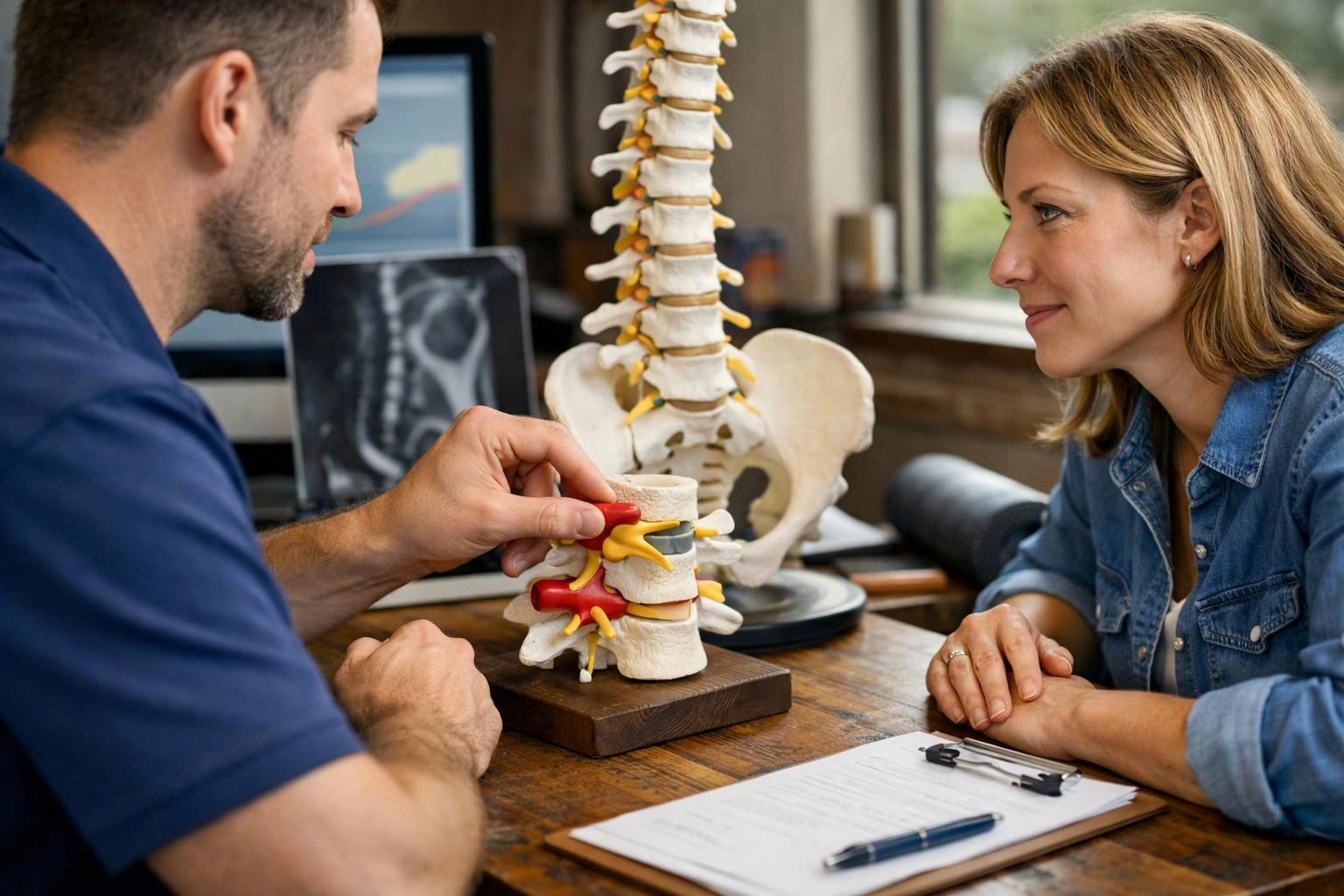 A man explains a spine model to a woman across a desk in a clinic-like office