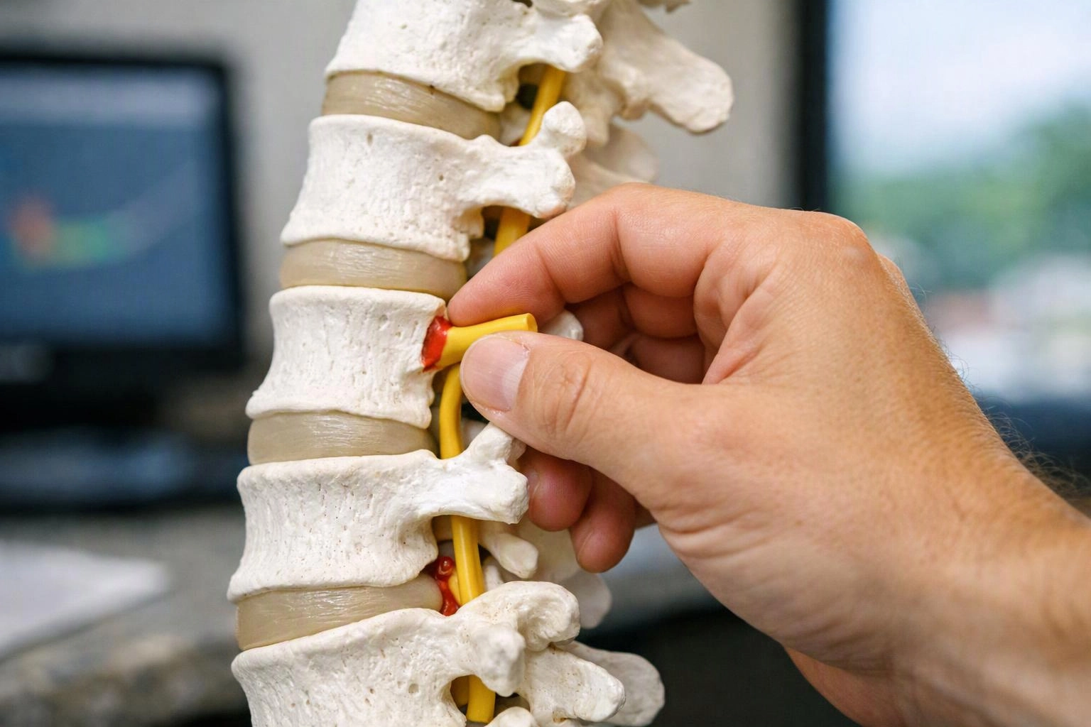 A hand adjusts a yellow nerve on a spine model in a clinical setting