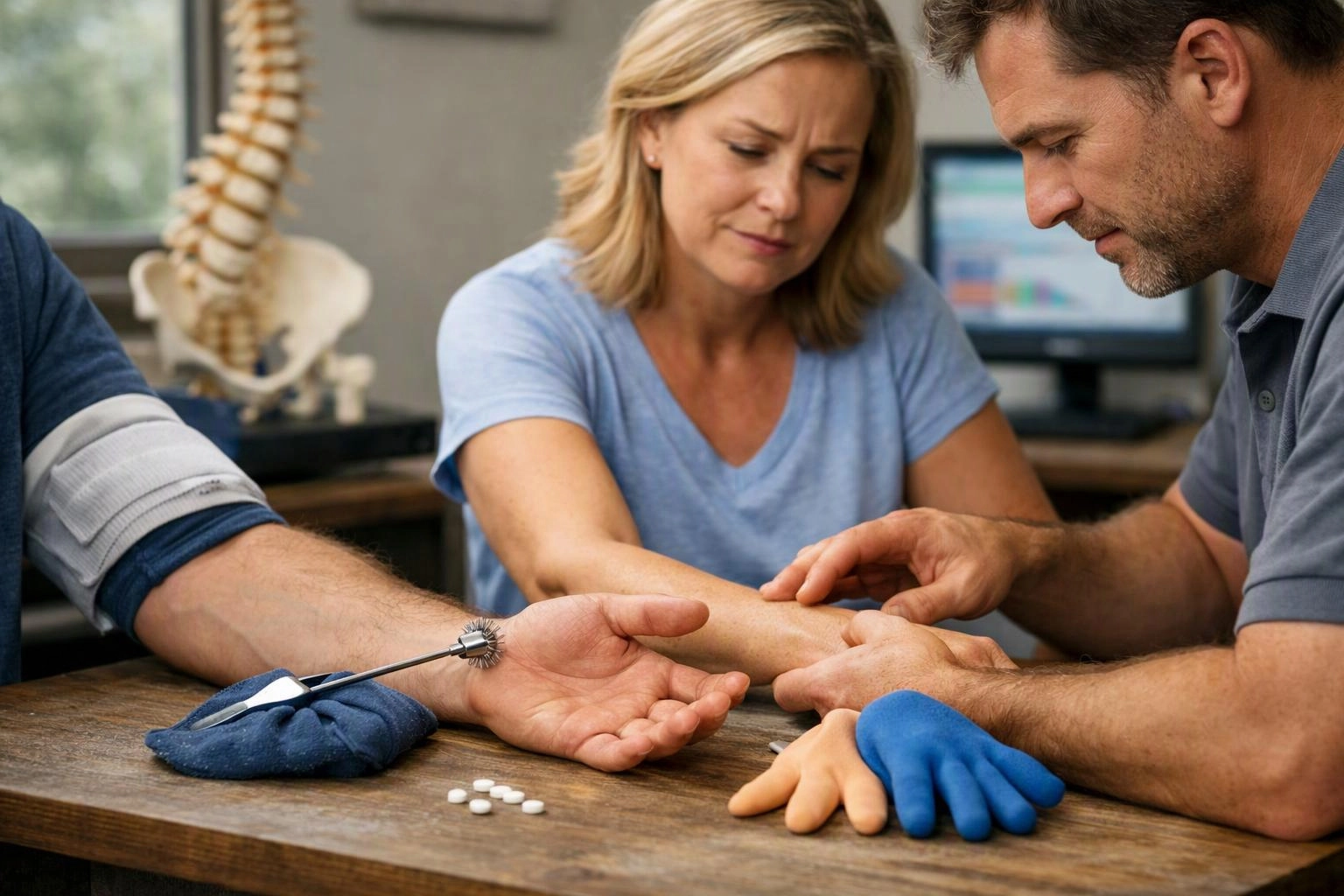 A doctor examines a man’s forearm while a woman watches, with a spine model and computer behind them