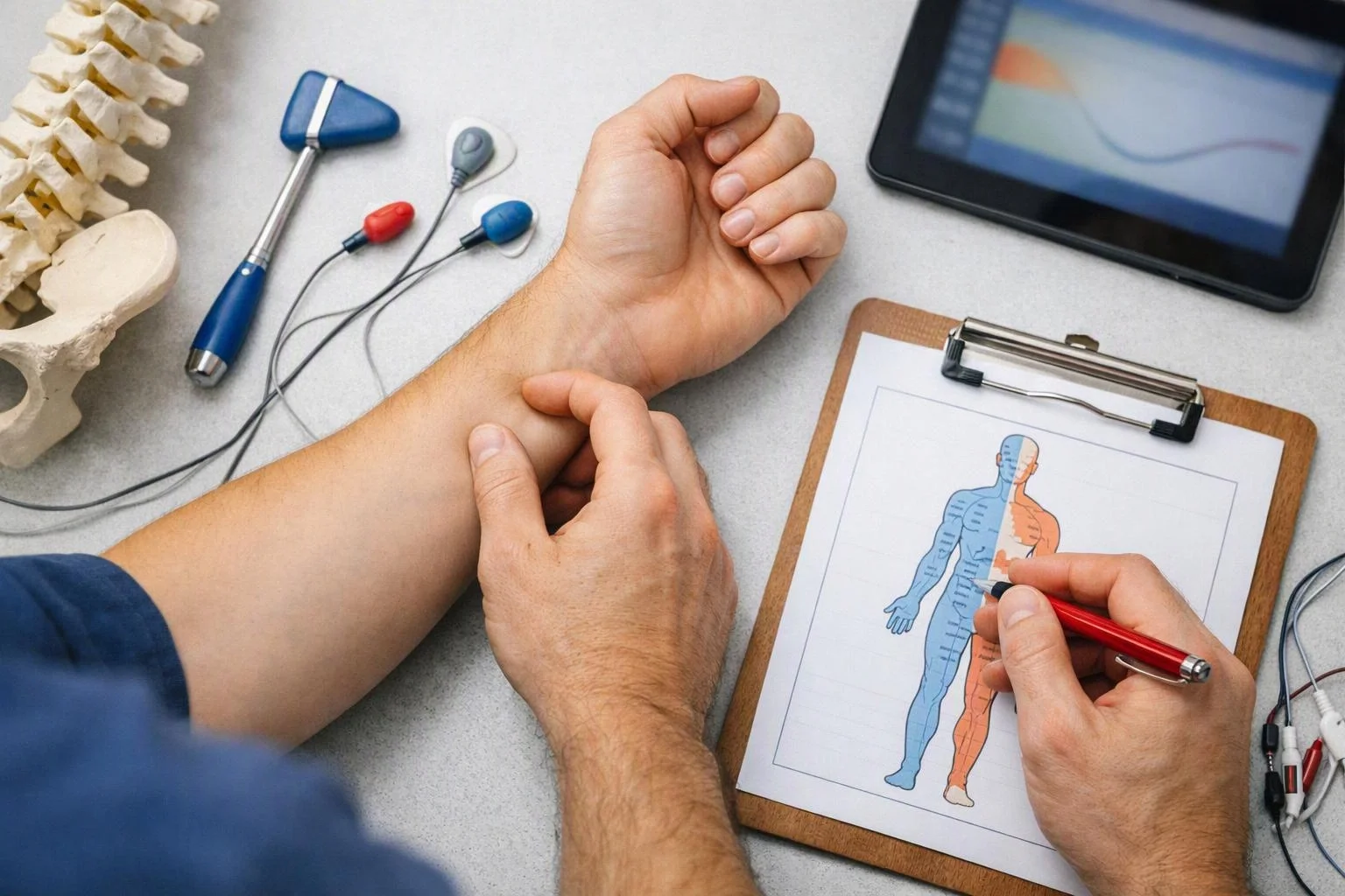 A clinician checks a patient’s forearm while holding a clipboard with a body diagram and medical tools nearby