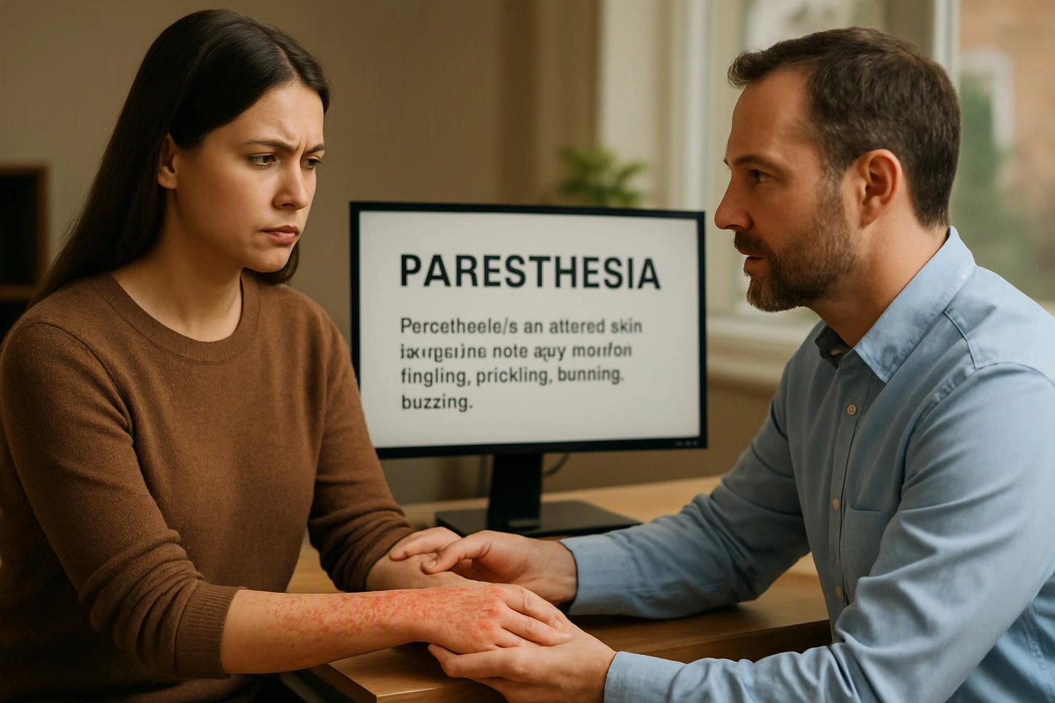 A doctor speaks with a woman at a desk while a monitor behind them shows “PARESTHESIA”